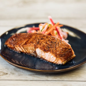 Pomegranate Glazed Scottish Salmon with Apple & Watermelon Radish Slaw